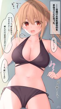 ! !! 1girl ahoge armpits bare_shoulders bikini black_bikini blonde_hair blonde_hair-chan_(ramchi) blush breasts cleavage collarbone fang highres large_breasts looking_at_viewer motion_lines navel open_mouth original ramchi red_eyes side-tie_bikini_bottom sidelocks speech_bubble stomach surprised sweat sweatdrop swimsuit twintails