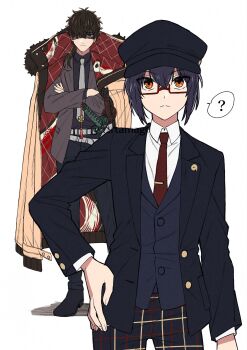 Rule 34 | 1boy, 1other, ?, androgynous, belt, black hair, black hat, black jacket, black pants, black shoes, coat, coat on shoulders, collared shirt, collared vest, crossed arms, fate/grand order, fate (series), formal clothes, fur-trimmed coat, fur trim, grey jacket, grey suit, grey vest, hand on own hip, hat, highres, jacket, katana, lapels, long sleeves, low ponytail, miyamoto iori (celebratory attire) (fate), miyamoto iori (fate), necktie, newsboy cap, notched lapels, orange eyes, overcoat, pants, partially shaded face, plaid clothes, plaid pants, ponytail, red-framed eyewear, shirt, shoes, spoken question mark, suit, suit jacket, sword, tie clip, unbuttoned jacket, uzura (uzrtamago), vest, weapon, white background, white belt, white necktie, white shirt, yamato takeru (fate), yamato takeru (second ascension) (fate)