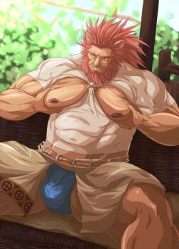 1boy animal_ears bara bare_pectorals beard blue_male_underwear caineghis_(fire_emblem) clothing_cutout commentary_request facial_hair fire_emblem fire_emblem:_path_of_radiance large_pectorals large_variant_set male_focus male_underwear muscular muscular_male nintendo nipples nisetetsuo pectorals red_hair sitting solo underwear variant_set