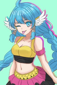 armor artkittylucky bandages blue_hair braid digimon digimon_(creature) long_hair mask minervamon one_eye_closed tongue tongue_out unworn_mask wings wink