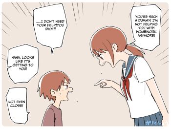 Rule 34 | 1boy, 1girl, age difference, angry, arguing, blue sailor collar, blue skirt, brother and sister, commentary request, english text, ganaishoten, highres, looking at another, neckerchief, older female and younger male, open mouth, original, red hair, red neckerchief, sailor collar, school uniform, serafuku, short hair, short sleeves, shouting, siblings, skirt, speech bubble, teenage girl and younger boy