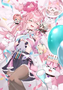 5girls animal_ears balloon belt black_choker black_skirt blush braid braided_bun breasts brown_pantyhose chest_belt choker closed_eyes coat collared_shirt commentary_request crown_braid drooling fang fingernails hair_bun hair_ornament hakui_koyori hakui_koyori_(1st_costume) happy_birthday heart heart_choker highres hololive holox kazama_iroha kazama_iroha_(1st_costume) kokoro_(hakui_koyori) la+_darknesss la+_darknesss_(1st_costume) lab_coat long_hair long_sleeves lucio_(luci0_52) lying midriff mini_person minigirl mofukoyo_(hakui_koyori) multiple_girls nail_polish necktie on_back open_mouth pantyhose pink_hair pink_nails pink_necktie pink_skirt pouch sakamata_chloe sakamata_chloe_(1st_costume) shirt skirt smile takane_lui takane_lui_(1st_costume) thigh_pouch thighs virtual_youtuber white_belt white_coat white_shirt wolf_ears wolf_girl