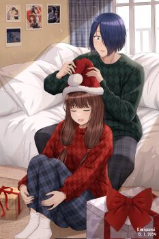 1boy 1girl black_hair black_pants blue_pants box brown_hair closed_eyes commentary couch curtains dated english_commentary fur-trimmed_headwear fur_trim gift gift_box green_sweater hat highres iino_miko ishigami_yuu kaguya-sama_wa_kokurasetai_~tensai-tachi_no_renai_zunousen~ kimiganai1 long_hair long_sleeves morning one_eye_covered pajamas pants photo_(object) pillow pom_pom_(clothes) red_hat red_sweater santa_hat socks sweater white_socks window