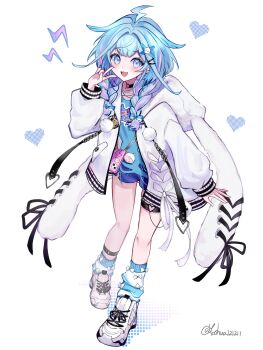 1girl absurdres ahoge black_choker blue_eyes blue_hair blue_shirt braid choker hair_flaps hair_ornament highres hololive hololive_dev_is jacket lightning_ahoge long_hair looking_at_viewer mizumiya_su multicolored_hair o-ring o-ring_choker open_mouth pink_hair shirt smile solo streaked_hair twin_braids virtual_youtuber yoshua_(yoshua121211)