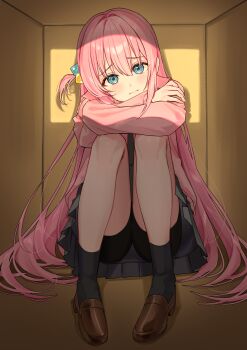 Rule 34 | 1girl, absurdres, arm rest, black shorts, black socks, blue eyes, bocchi the rock!, box, brown shoes, cardboard box, closed mouth, commentary, crossed arms, cube hair ornament, english commentary, full body, furrowed brow, gotoh hitori, grey skirt, hair intakes, hair ornament, head tilt, highres, in box, in container, jacket, legs up, light blush, loafers, long hair, long sleeves, looking at viewer, pink hair, pink jacket, pleated skirt, rounizm, shoes, shorts, sitting, skirt, sleeve cuffs, socks, solo, track jacket, very long hair
