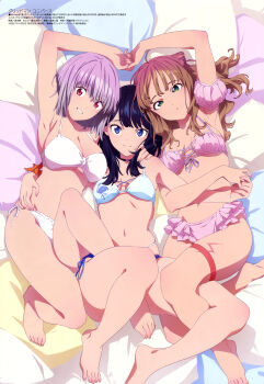 Rule 34 | 3girls, absurdres, arm around waist, arm up, armpits, bare legs, bare shoulders, barefoot, bikini, black hair, blue eyes, breasts, brown hair, cleavage, feet, girl sandwich, green eyes, gridman universe, gridman universe (movie), hand on another's hip, hand on another's shoulder, heart arms, heart arms duo, highres, holding hands, large breasts, legs, long hair, looking at viewer, lying, magazine scan, medium breasts, megami magazine, minami yume, multiple girls, navel, official art, on back, pillow, pink bikini, purple hair, red eyes, sakamoto masaru, sandwiched, scan, shinjou akane, short hair, skindentation, smile, ssss.dynazenon, ssss.gridman, swimsuit, takarada rikka, thick thighs, thigh strap, thighs, toes, underboob, white bikini, yuri