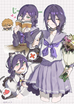 1boy 1girl absurdres alternate_costume animal_ears book bouquet cat_ears cat_girl cat_tail chainsaw_man chibi chibi_inset choker closed_eyes denji_(chainsaw_man) enmaided flower glasses green_eyes grenade_pin grey_choker hair_between_eyes heart highres holding holding_book holding_bouquet maid multiple_views neckerchief okuta0_0 purple_hair purple_neckerchief purple_ribbon purple_sailor_collar purple_skirt reze_(chainsaw_man) ribbon sailor_collar school_uniform serafuku skirt speech_bubble spoken_heart spoken_x tail