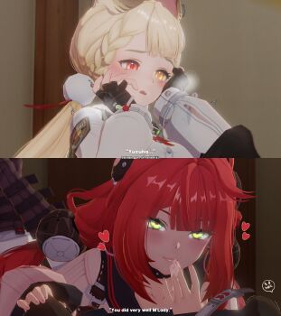 2girls 3d after_fingering alice_thymefield black_gloves black_pantyhose blonde_hair braid breath commentary fingerless_gloves gloves green_eyes hair_ornament hand_on_another&#039;s_leg heart heterochromia highres multiple_girls pantyhose parted_lips pussy_juice pussy_juice_on_fingers pussy_juice_trail red_eyes red_hair shinshogun side_braid smile sphere_hair_ornament twin_braids ukinami_yuzuha yellow_eyes yuri zenless_zone_zero