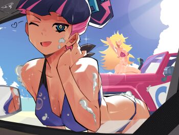 2girls :d absurdres adjusting_hair alternate_hairstyle arm_behind_head armpits artist_name ass bare_shoulders bent_over bikini blonde_hair blue_eyeshadow blue_sky blunt_bangs blurry bokeh bottomless breasts car car_interior claw_hair_clip cleavage cloud collarbone commentary cumulonimbus_cloud depth_of_field english_commentary eyeshadow hair_bun hair_over_eyes hair_up hairclip hand_up heart highres jeep_wrangler large_breasts leaning_forward long_hair makeup messy_hair midriff military_jeep mirror motor_vehicle multicolored_hair multiple_girls navel on_car one_eye_closed open_mouth open_window panty_&amp;_stocking_with_garterbelt panty_(psg) pink_bikini pink_hair pov purple_bikini purple_hair siblings sign signature sisters sitting sky slim_(sl1m_skull) smile soap_bubbles sparkle stocking_(psg) streaked_hair swimsuit tape teasing two-tone_hair very_long_hair wariza washing_vehicle window