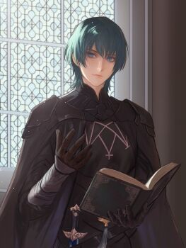 Rule 34 | 1boy, arm guards, armor, black armor, black cape, black gloves, blue eyes, blue hair, book, cape, closed mouth, dagger, fire emblem, fire emblem: three houses, gloves, highres, holding, holding book, knife, long sleeves, looking at viewer, male byleth (fire emblem), male focus, nintendo, sheath, sheathed, short hair, weapon, window, wrainbow13