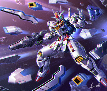 amasaki_yusuke asteroid beam_rifle bit_(gundam) commentary energy_gun funnels_(gundam) green_eyes gun gundam gundam_aerial gundam_suisei_no_majo holding holding_gun holding_weapon mecha mobile_suit no_humans robot signature sky solo space star_(sky) starry_sky v-fin weapon