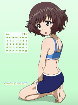 Rule 34 | 1girl, akiyama yukari, ass, bikini, bikini shorts, blue bikini, blush, brown eyes, brown hair, calendar (medium), commentary request, dated, girls und panzer, highres, naotosi, open mouth, short hair, shorts, signature, solo, swimsuit