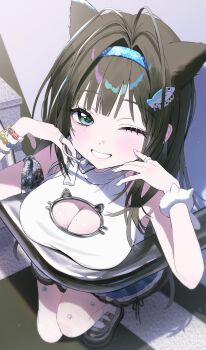 1girl absurdres animal_ears antenna_hair asymmetrical_bangs black_hair blue_headband blush bracelet breasts cleavage_cutout clothing_cutout commentary_request fish_hair_ornament fishnet_pantyhose fishnets from_above goddess_of_victory:_nikke grey_eyes grin hair_intakes hair_ornament hanchi_hachi headband highres jewelry korean_commentary large_breasts long_hair looking_at_viewer mint_(nikke) mole mole_on_breast mole_under_eye multiple_bracelets multiple_moles multiple_rings one_eye_closed pantyhose ring shadow skirt smile solo squatting star_(symbol) stuck very_long_hair