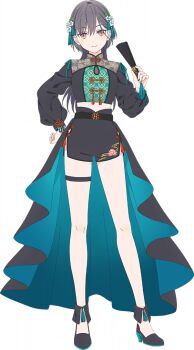 1girl black_shoes black_shorts black_skirt blue_skirt chinese_clothes closed_mouth colored_shoe_soles flower flower_knot folded_fan folding_fan full_body game_cg grey_hair hair_flower hair_ornament hand_fan hasu_no_sora_pop_up_shop_china_collection high_heels holding holding_fan katsuragi_izumi link!_like!_love_live! looking_at_viewer love_live! midriff non-web_source official_alternate_costume official_art orange_eyes shoes shorts showgirl_skirt side_slit side_slit_shorts simple_background skirt smile solo split_mouth tassel tassel_hair_ornament thigh_strap transparent_background two-sided_fabric two-sided_skirt virtual_youtuber white_flower