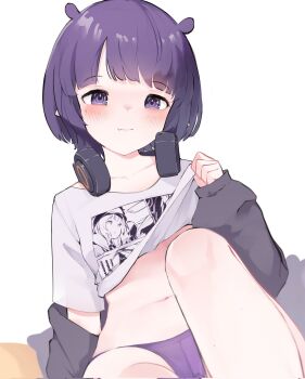 Rule 34 | 1girl, bed, blue eyes, blunt bangs, blush, bob cut, breasts, clothes lift, commentary, grey hood, grey jacket, headphones, headphones around neck, highres, hololive, hololive english, hood, hooded jacket, hoodie, jacket, knee up, legs, lifting own clothes, looking at viewer, mole, mole under eye, namiorii, navel, ninomae ina'nis, ninomae ina'nis (loungewear), official alternate costume, official alternate hair length, official alternate hairstyle, on bed, open car hood, panties, pillow, pointy ears, print shirt, purple hair, purple hood, purple hoodie, purple panties, rabbit ears antenna, shirt, shirt lift, short hair, short sleeves, sitting, small breasts, smile, solo, untranslatable commentary, t-shirt, takodachi (ninomae ina'nis), tentacle hair, thighs, underwear, virtual youtuber, white shirt