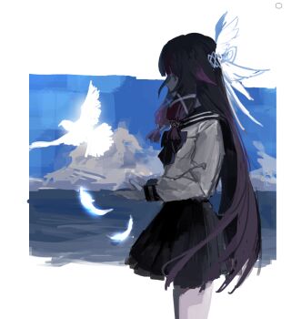 Rule 34 | 1girl, beak, bird, bird wings, black hair, black skirt, blue bow, blue headdress, blue sky, blunt bangs, border, bow, chest belt, closed eyes, cloud, cloudy sky, columbina (genshin impact), commentary, covered mouth, cowboy shot, day, feathered wings, flying, from side, genshin impact, gradient hair, hair ornament, hair tubes, hands up, head wings, headdress, hina taira, long hair, long sleeves, miniskirt, multicolored hair, multiple wings, ocean, outdoors, outside border, pigeon, pleated skirt, puffy long sleeves, puffy sleeves, purple hair, sailor collar, school uniform, serafuku, shirt, sidelocks, skirt, sky, solo, standing, two-tone hair, untranslatable commentary, white border, white shirt, wings, x hair ornament