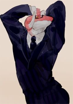 1boy arms_up black_suit buchou_wa_onee colored_skin commentary_request cowboy_shot dragon_boy falnail_vincent formal_clothes furry furry_female furry_male glasses horns looking_at_viewer male_focus nagabe orange_background pink_skin simple_background solo suit yellow_eyes