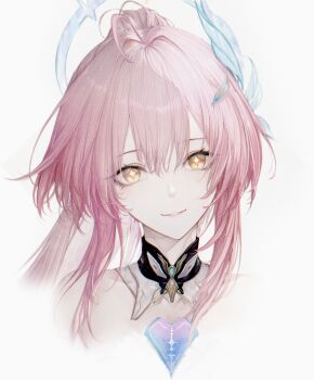 1girl absurdres aemeath_(wuthering_waves) commentary cropped_shoulders english_commentary halo halo_behind_head highres long_hair looking_at_viewer parted_lips pink_hair renoahh sidelocks smile solo tacet_mark_(wuthering_waves) wuthering_waves yellow_eyes yellow_pupils