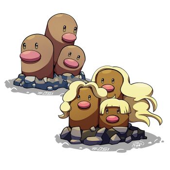 Rule 34 | alolan dugtrio, alolan form, blonde hair, commentary, dugtrio, english commentary, gen 1 pokemon, gen 7 pokemon, long hair, looking at viewer, mistray-art, nintendo, no humans, numbered, pokemon, pokemon (creature), regional and normal, signature, simple background, white background