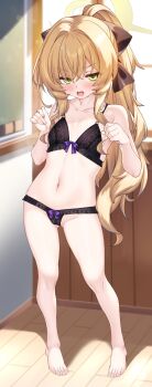 1girl absurdres bare_shoulders barefoot black_bra black_panties blonde_hair blue_archive bow bow_bra bra fluffy_hair full_body green_eyes hair_bow halo highres lace lace-trimmed_bra lace_trim loli long_hair looking_at_viewer navel open_mouth panties ponytail professor_niyaniya_(blue_archive) professor_niyaniya_(teacher)_(blue_archive) purple_bow shirokuma_a solo underwear variant_set yellow_halo