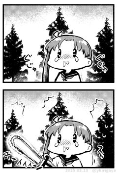 1girl allergy ayanami_(kancolle) ayanami_kai_ni_(kancolle) chainsaw commentary_request dated greyscale hay_fever highres kantai_collection kirigaya_yuuji long_hair monochrome pine_tree school_uniform serafuku side_ponytail snot snot_trail tree twitter_username upper_body