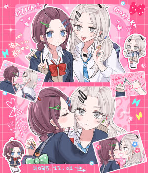 Rule 34 | 2girls, alternate hairstyle, bag, blazer, blue eyes, bow, bowtie, brown hair, censored, character name, chibi, commentary, dated, eye contact, fingernails, girls band cry, grey eyes, grid background, gyaru, hair ornament, hairclip, hamchan69, heart, heart censor, highres, holding hands, imminent kiss, iseri nina, jacket, kawaragi momoka, kiss, long fingernails, long hair, looking at another, looking at viewer, multiple girls, nail polish, necktie, photo (object), pink background, school bag, school uniform, simple background, star (symbol), star hair ornament, tongue, tongue out, white hair, yuri
