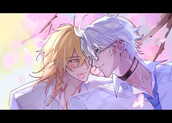 Rule 34 | 2boys, antenna hair, black choker, blonde hair, blue eyes, blue necktie, braid, cherry blossoms, chest tattoo, choker, collared shirt, commentary, facial tattoo, falling petals, gomi0421, gradient hair, highres, honkai: star rail, honkai (series), male focus, medium hair, multicolored hair, multiple boys, mydei (honkai: star rail), neck tattoo, necktie, parted bangs, petals, phainon (honkai: star rail), red hair, red tattoo, school uniform, shirt, short hair, side braid, sun symbol, sun tattoo, tan, tattoo, untranslatable commentary, white hair, white shirt, yaoi, yellow eyes