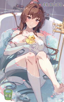 1girl alternate_hairstyle ass bathing bathtub blush breasts brown_hair bucket cherry_blossoms closed_mouth commentary completely_nude dated hair_between_eyes hair_censor hair_down hair_spread_out headgear highres himeyamato kantai_collection large_breasts long_hair looking_at_viewer nude petals repair_bucket rubber_duck sitting soap_bubbles solo timestamp very_long_hair water wet yamato_(kancolle)