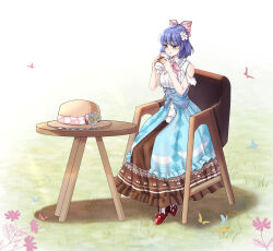 Rule 34 | 1girl, blue butterfly, blue corset, blush, bow, bowtie, breasts, brown skirt, bug, butterfly, chair, coffee cup, commentary, commission, corset, cup, disposable cup, flower, frilled shirt collar, frilled skirt, frills, full body, grass, grey eyes, hair bow, hair flower, hair ornament, hat, hat flower, highres, insect, long skirt, mahjong soul, medium bangs, medium breasts, nanami reina, open mouth, pink bow, pink bowtie, pink butterfly, pink flower, purple hair, shirt, short hair, sitting, skirt, sleeveless, sleeveless shirt, solo, sproutpotato, sun hat, table, unworn hat, unworn headwear, white background, white flower, white shirt, yellow butterfly
