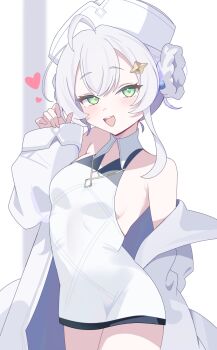 1girl ahoge armpit_crease bare_shoulders bastelina_(stella_sora) braid braided_hair_rings breasts coat collared_dress dress green_eyes hair_rings hat heart highres kanimiso30601 long_sidelocks off_shoulder open_mouth short_hair_with_long_locks sideboob sidelocks sleeveless sleeveless_dress small_breasts smile solo stella_sora teeth upper_teeth_only white_coat white_dress white_hair white_hat