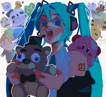 1girl 6+boys adventure_time aqua_eyes aqua_hair baldi baldi's_basics bootleg bowser character_name creepypasta duck_(the_duck_song) duo_(duolingo) duolingo earl_of_lemongrab five_nights_at_freddy's freddy_fazbear hatsune_miku hello_kitty_(character) highres holding holding_stuffed_toy jack_box jack_in_the_box_(restaurant) kirby mario_(series) mob_psycho_100 multiple_boys nintendo orangeartsy reigen_arataka sanrio sans_(undertale) slender_man stuffed_animal stuffed_toy surprised the_duck_song undertale utdr_(toby_fox) vocaloid white_background