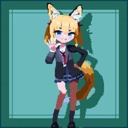 1girl :p :q animal_ear_fluff animal_ears animated aqua_background aqua_border birdman46049238 black_jacket black_shoes black_socks blazer blonde_hair blue_eyes blue_skirt blush_stickers border closed_mouth dancing fangs fox_ears fox_girl fox_tail full_body green_background green_border hair_between_eyes hand_on_own_hip hands_on_own_hips jacket loafers looping_animation necktie one_eye_closed open_clothes open_hand open_jacket open_mouth original outside_border pixel_art pleated_skirt red_necktie school_uniform shadow shoes short_eyebrows short_hair sidelocks simple_background skirt slit_pupils smile socks solo standing swaying tail tail_wagging tongue tongue_out twintails video waving winking_(animated)