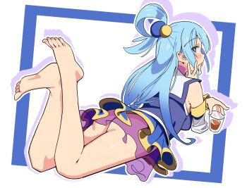 1girl alcohol aqua_(konosuba) ass bare_legs barefoot blue_eyes blue_hair commentary from_behind hair_bobbles hair_ornament hair_rings highres kono_subarashii_sekai_ni_shukufuku_wo! long_hair lying no_panties noyama_takenoko on_stomach simple_background solo
