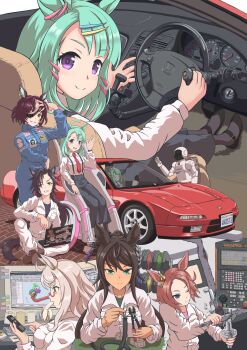 :d ahoge air_shakur_(umamusume) alternate_costume animal_ears asimo banana biwa_hayahide_(umamusume) black_hair black_pants blue_jumpsuit brown_hair calculator car commentary commentary_request computer earclip employee_uniform english_commentary eyepatch food food_in_mouth fruit green_eyes green_hair grey_hair hair_between_eyes hair_ornament hairclip highres holding_calculator holding_steering_wheel honda honda_nsx horse_ears horse_girl horse_tail jumpsuit laptop long_hair long_sleeves looking_at_viewer mecha_umamusume_st-2_(umamusume) medium_hair mixed-language_commentary mole mole_under_eye monitor motor_vehicle multicolored_hair narita_taishin_(umamusume) necktie one_eye_closed open_mouth pants powered_wheelchair purple_eyes purple_hair real_life red-framed_eyewear red_necktie robot robot_girl semi-rimless_eyewear smile steering_wheel streaked_hair sugar_lights_(umamusume) suspenders symboli_kris_s_(umamusume) tail tanino_gimlet_(umamusume) tie_clip tomozo8674 umamusume under-rim_eyewear vehicle_focus wheelchair white_hair white_jumpsuit yellow_eyes