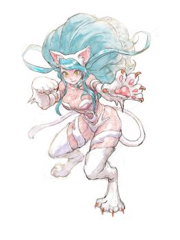 Rule 34 | 1girl, animal ears, animal hands, blue hair, breasts, cat ears, cat girl, cat tail, darkstalkers, felicia (darkstalkers), iwamoto tatsurou, large breasts, long hair, tail, very long hair, white background, white fur, yellow eyes