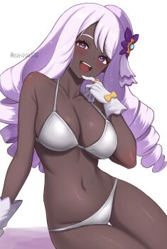 1girl :d arm_support armpit_crease bikini blush breasts cleavage commentary_request dark-skinned_female dark_skin drill_hair flower gloves hair_flower hair_ornament highres jacinthe_(pokemon) jewelry large_breasts long_hair looking_at_viewer navel nintendo open_mouth pokemon pokemon_legends:_z-a purple_eyes purple_hair ring sitting smile solo stomach surippa1010 swimsuit thigh_gap thighs twin_drills very_dark_skin very_long_hair white_background white_bikini white_gloves