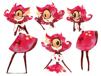 1girl ahoge artist_request claws colored_sclera cyclops dress full_body hazbin_hotel hellaverse multiple_expressions niffty_(hazbin_hotel) non-web_source one-eyed open_mouth orange_sclera red_hair sharp_teeth smile surprised teeth white_background yellow_eyes yellow_sclera