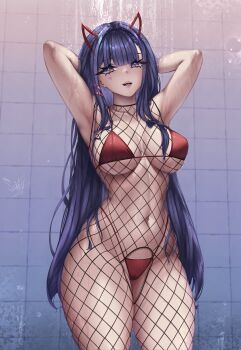 1girl absurdres akuma_nihmune armpits bathroom bikini bodystocking bodysuit bodysuit_under_clothes breasts cameltoe commentary crotchless crotchless_bodysuit demon_girl demon_horns english_commentary facial_mark fishnet_bodystocking fishnets heart heart_facial_mark highleg highleg_bikini highres horns indie_virtual_youtuber large_breasts long_hair navel purple_eyes purple_hair red_bikini sainty showering swimsuit thick_thighs thighs tile_wall tiles underboob virtual_youtuber wet wide_hips
