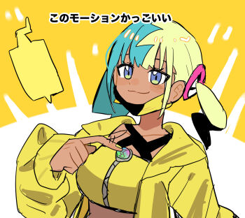 1girl aqua_hair bad_id bad_pixiv_id blonde_hair canari_(pokemon) crop_top gen_4_pokemon han0579 highres jacket long_sleeves looking_at_viewer mask mask_pull mega_stone mouth_mask multicolored_hair nintendo open_clothes open_jacket pokemon pokemon_legends:_z-a purple_eyes rotom rotom_phone short_hair smile solo split-color_hair translation_request twintails two-tone_hair upper_body yellow_jacket