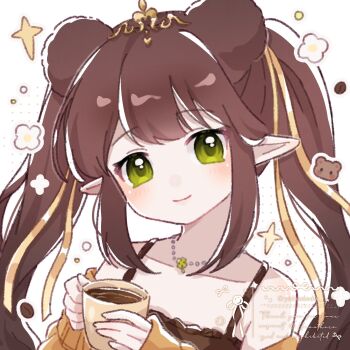 1girl animal_ears artist_name bare_shoulders bear_ears bear_girl brown_camisole brown_cardigan brown_hair camisole cardigan closed_mouth coffee collarbone commentary commission cup green_eyes hair_ribbon highres holding holding_cup jewelry long_hair long_sleeves looking_at_viewer necklace off_shoulder original pointy_ears portrait ribbon sidelocks simple_background smile solo symbol-only_commentary vgen_commission watermark white_background yellow_ribbon yukomeow
