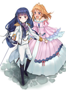 Rule 34 | 10s, 2girls, blue hair, blush, brown eyes, brown hair, dress, epaulettes, idolmaster, idolmaster cinderella girls, long hair, multiple girls, nemeko, open mouth, princess, rapier, red eyes, sajo yukimi, short hair, sword, tiara, weapon, yuuki haru