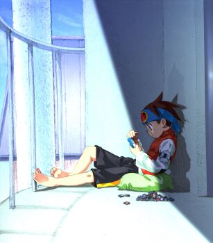 artist_request balcony bandana bare_legs barefoot brown_hair capcom child feet hacking highres jacket lan_hikari_(mega_man) legs mega_man_(series) mega_man_battle_network mega_man_battle_network_(series) microchip outdoors shorts sitting soles toes window
