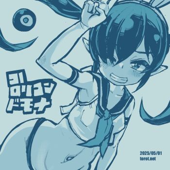 1girl arm_up backbeako_(torotei) backbeard bikini bikini_bottom_only blue_background blue_theme blush breasts commentary_request dated dated_commentary dutch_angle elbow_gloves gegege_no_kitarou gloves grin hair_over_one_eye hair_ribbon hairband highleg highleg_bikini kono_lolicon_domome loli long_hair looking_at_viewer monochrome navel neckerchief no_pants one_eye_closed original paid_reward_available pear-shaped_figure pointy_ears ribbon sailor_collar sailor_shirt shirt simple_background sleeveless sleeveless_shirt small_breasts smile solo swimsuit torotei translated twintails upper_body v watermark web_address