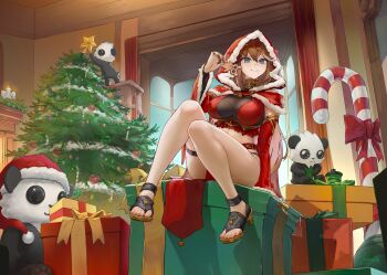1girl absurdres artist_name bell blue_eyes bow box breasts brown_hair candle candy candy_cane capelet character_request check_character christmas christmas_ornaments christmas_tree commentary eating english_commentary food food_on_face full_body fur_trim gift gift_box hair_between_eyes high_heels highres holding holding_food jewelry large_breasts long_hair original panda red_bow red_capelet red_hood ribbon_spool samantha_(admiral_bahroo) santa_costume second-party_source signature sitting solo thighs umeru_(admiral_bahroo) unsomnus window