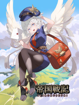 1girl absurdres arm_up bag belt black_boots blue_eyes blue_hat blue_shirt blue_skirt boots brown_pantyhose character_request collared_shirt commentary_request copyright_name envelope feathered_wings full_body gloves hand_up hat highres holding holding_envelope long_hair looking_at_viewer miniskirt necktie official_art open_mouth pantyhose pencil_skirt red_necktie shirt short_sleeves shoulder_bag skirt smile solo teikoku_senki very_long_hair white_gloves white_hair wings yuuki_kira