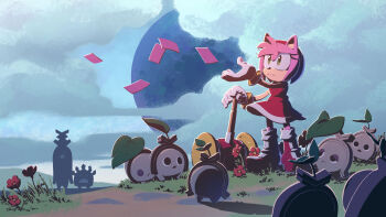 1girl :< absurdres amy_rose animal_ears animal_nose arm_up black_eyes body_fur boots card closed_mouth cloud day dress evan_stanley female_focus flat_chest flower full_body full_moon furry furry_female grass green_eyes hairband half-closed_eyes hammer hand_on_hilt hermit_koco highres holding holding_hammer holding_weapon knee_boots koco_(sonic) leaf looking_up moon official_art open_mouth outdoors path pink_fur pink_hair red_dress red_flower red_footwear red_hairband road short_dress short_hair sidelocks sleeveless sleeveless_dress sonic_(series) sonic_frontiers standing toy_hammer weapon wind