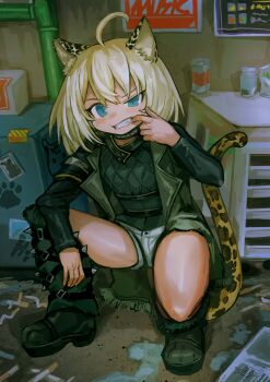 1girl absurdres ahoge animal_ears arknights blonde_hair blue_eyes boots cat_ears cat_girl choker cigarette collar commentary dido_(di_do_di_do) highres jacket jewelry kneeling leopard_ears leopard_girl leopard_tail morgan_(arknights) necklace open_mouth shorts solo spiked_boots tail thighs
