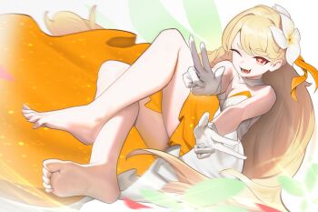 1girl barefoot blonde_hair double_v dress erpin_(trickcal) feet goofy_(goldgoofy357) long_hair looking_at_viewer one_eye_closed open_mouth red_eyes soles toes trickcal two-tone_dress v wink
