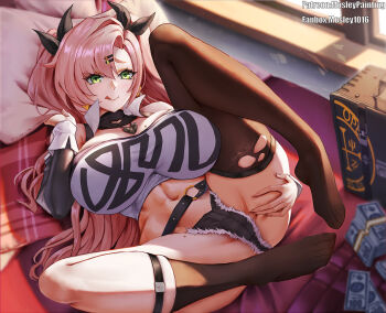 banknote breasts briefcase green_eyes huge_breasts lying midriff money mosley_(mosleyyy) navel nicole_demara on_back on_bed pillow pink_hair short_shorts shorts smile solo spread_legs spread_pussy strapless tongue tongue_out tube_top zenless_zone_zero