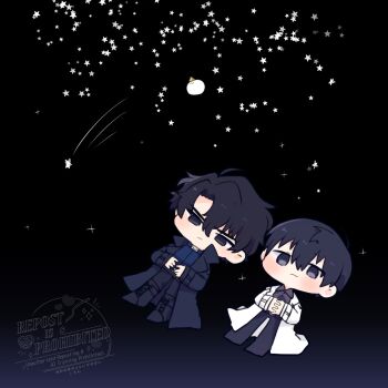 2boys ahoge biyoo_(omniscient_reader&#039;s_viewpoint) black_coat black_hair black_shirt coat collared_shirt commentary_request double-parted_bangs full_body hair_between_eyes hand_on_own_stomach highres kim_dokja kimidori_22 lying male_focus multiple_boys omniscient_reader&#039;s_viewpoint on_back open_clothes open_coat popped_collar shirt shooting_star short_hair sky star_(sky) starry_sky white_coat yoo_joonghyuk